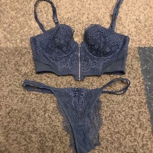 Blue Crochet Lace Long Line Bra and Panty